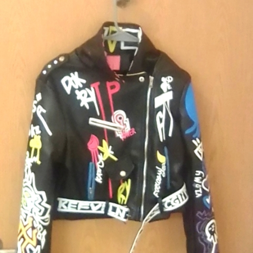 Azalea Wang multi print art leather jacket size M.